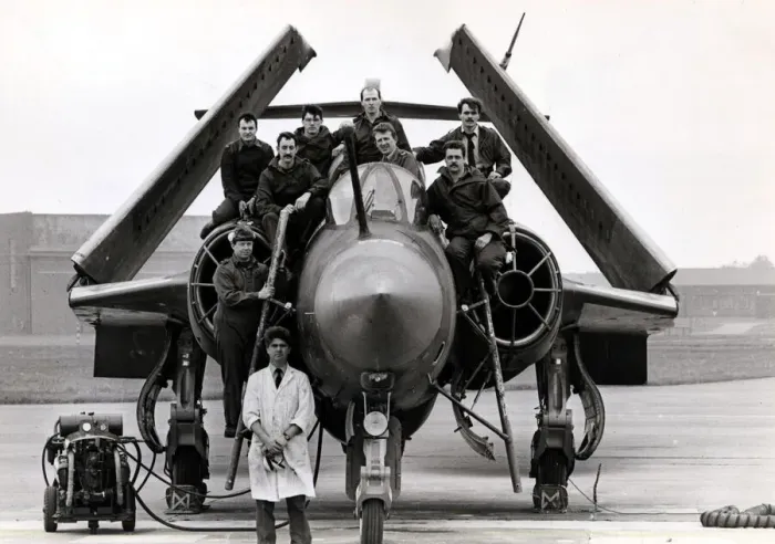 Framed Print : Aviation - RAF St Athan - Chief techinician Paul Cavanagh with his service crew on a Framed Print : Aviation - RAF St Athan - Chief techinician Paul Cavanagh with his service crew on a