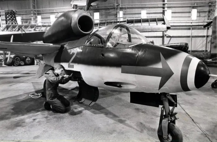 Framed Print : Aviation - RAF St Athan - The Heinkel HE162 Voldsjager fighter lines up for some care Framed Print : Aviation - RAF St Athan - The Heinkel HE162 Voldsjager fighter lines up for some care