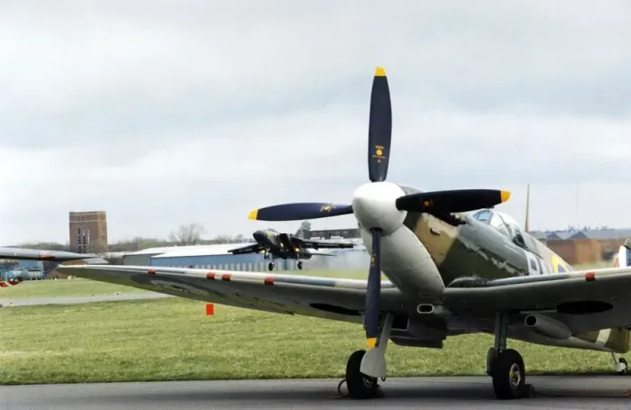 Framed Print : Aviation - Spitfire - A touch og the old and the new - A Tornado fighter plane lands with Framed Print : Aviation - Spitfire - A touch og the old and the new - A Tornado fighter plane lands with