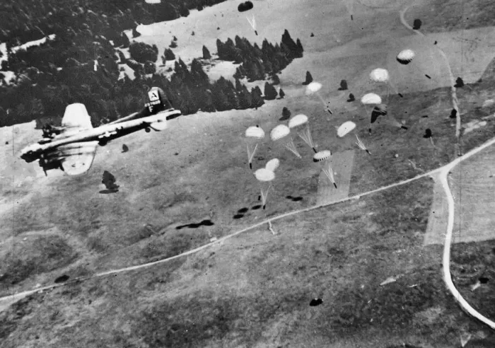 Framed Print : B-17 Flying Fortresses of the U. S. A. A. F. drop supplies to Maquis. August 1944 Framed Print : B-17 Flying Fortresses of the U. S. A. A. F. drop supplies to Maquis. August 1944