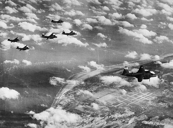B-26 Marauder medium bombers of the ninth US Air Force fly majestically through