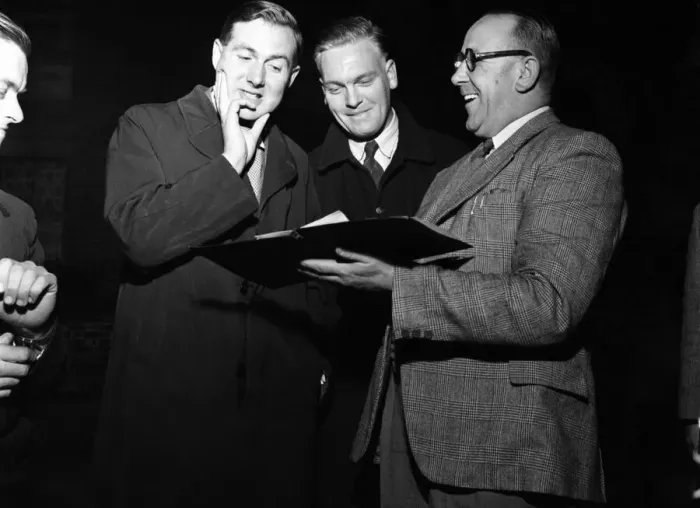 Framed Print : B. R. S. night drive. Jim Callaghan, M. P. shares a joke with the staff of British Road