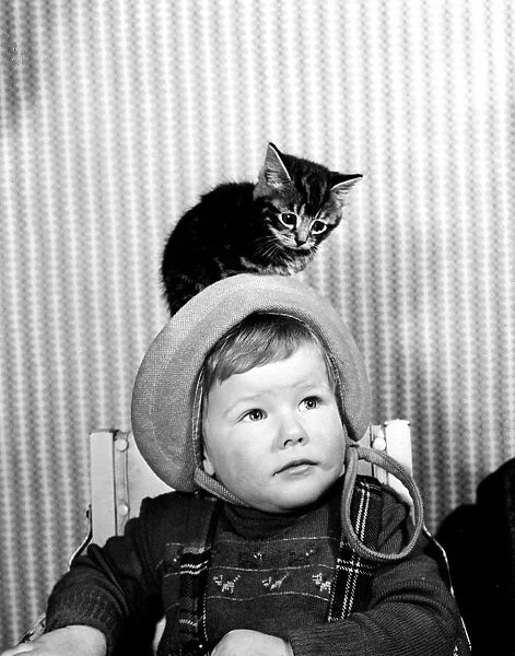 Baby boy with a kitten on his head. 10th December 1958