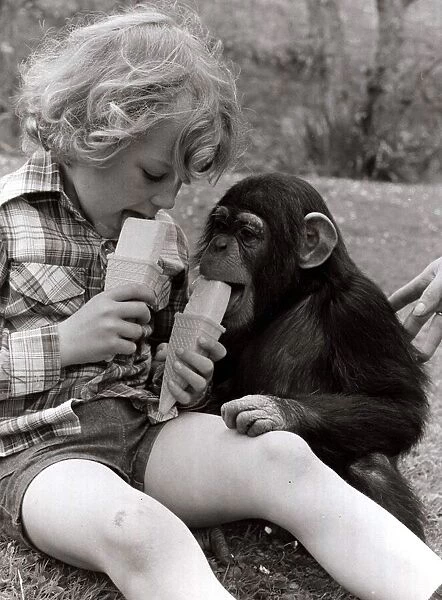 A Baby Chimp and young Sasha Addley, cool off in the hot weather