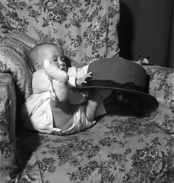 Framed Print : Baby Joy Sidy seen here playing with her fathers hat. March 1953 D1398 Framed Print : Baby Joy Sidy seen here playing with her fathers hat. March 1953 D1398