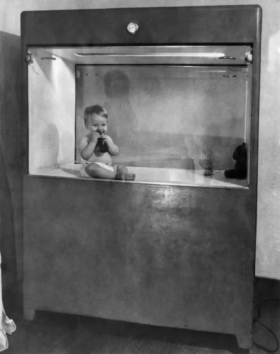 Framed Print : Baby lives in box. April 1948 Framed Print : Baby lives in box. April 1948