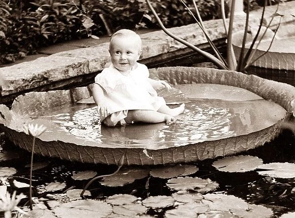 Baby sitting on an island in a pond. Circa 1960