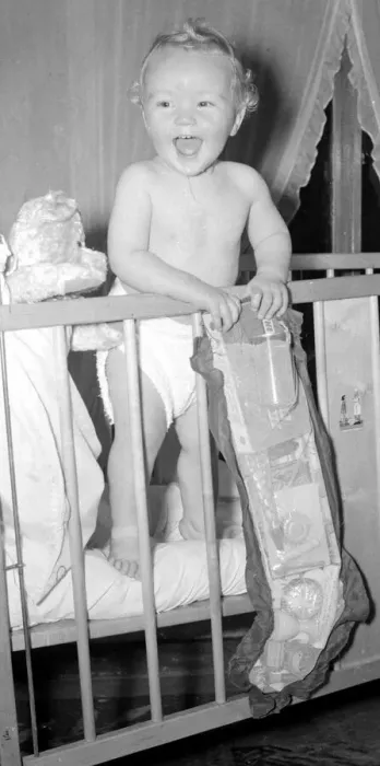 Framed Print : Baby Stephen Reynolds with his Christmas Stocking December 1954 Neg No E9179 Framed Print : Baby Stephen Reynolds with his Christmas Stocking December 1954 Neg No E9179