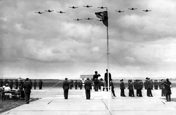 Framed Print : Twelve BAC Jet Provost training aircraft perform a fly past for thirteen RAF officers who Framed Print : Twelve BAC Jet Provost training aircraft perform a fly past for thirteen RAF officers who