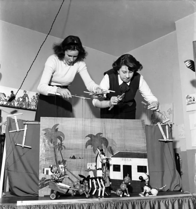 Framed Print : Baley and mother puppet show. March 1953 D106 Framed Print : Baley and mother puppet show. March 1953 D106