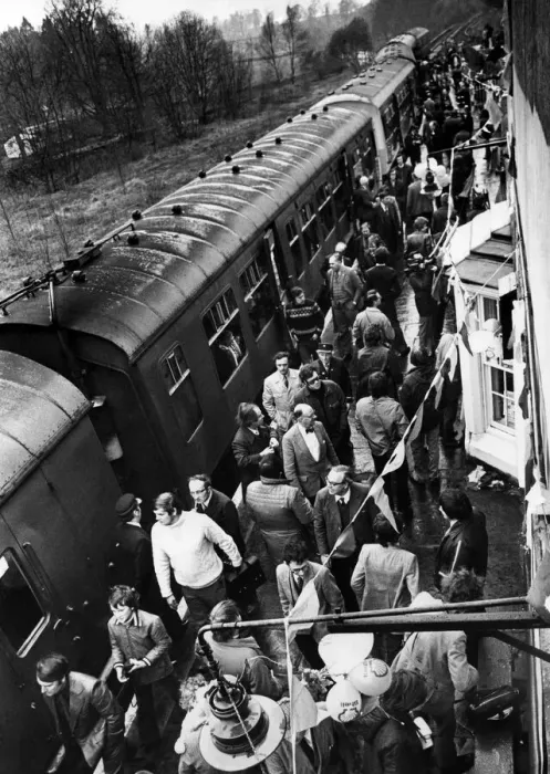 Framed Print : Balloons and bunting greeted crowds of rail enthusiasts when they arrived at Alston Framed Print : Balloons and bunting greeted crowds of rail enthusiasts when they arrived at Alston