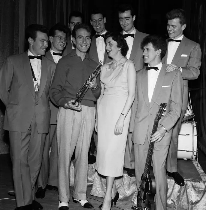 Framed Print : Band Leader John Barry 23 with members of his band & their new champeron Amy Rosser 25 Framed Print : Band Leader John Barry 23 with members of his band & their new champeron Amy Rosser 25
