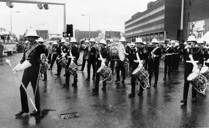 Framed Print : Band of the Royal Marines marching toward the Lord mayors parade in Central Manchester
