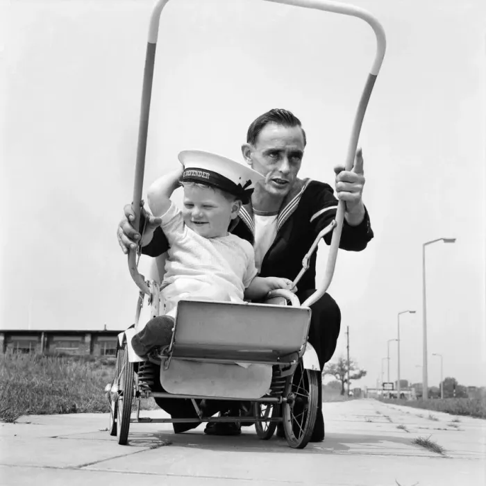 Framed Print : Bank holiday at Tynemouth. Man with child in pram. June 1960 M4320-009 Framed Print : Bank holiday at Tynemouth. Man with child in pram. June 1960 M4320-009