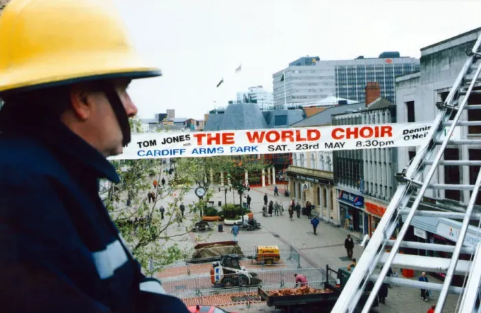 Framed Print : Banner advertising the Cor World Choir concert at Cardiff Arms Park, May 1992 Framed Print : Banner advertising the Cor World Choir concert at Cardiff Arms Park, May 1992