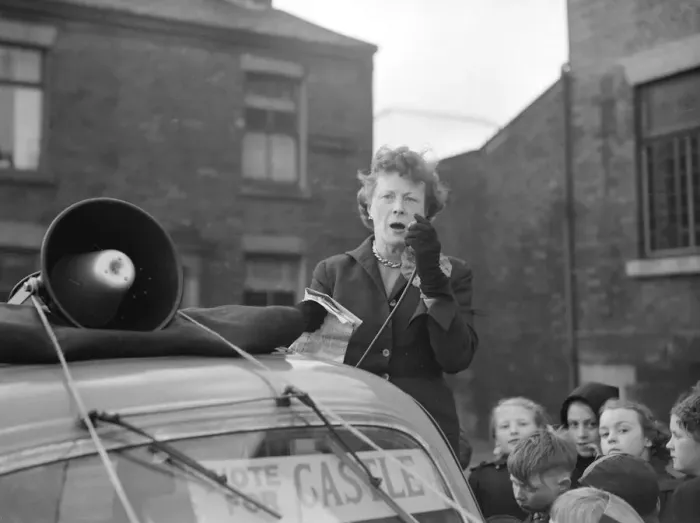 Framed Print : Barbara Castle labour candidate for Blackburn talks through a tannoy speaker on top of a Framed Print : Barbara Castle labour candidate for Blackburn talks through a tannoy speaker on top of a