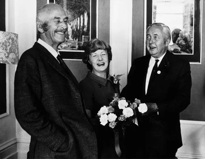 Framed Print : Barbara Castle receives cake and flowers on her birthday from Harold Wilson (R) 1971 Framed Print : Barbara Castle receives cake and flowers on her birthday from Harold Wilson (R) 1971