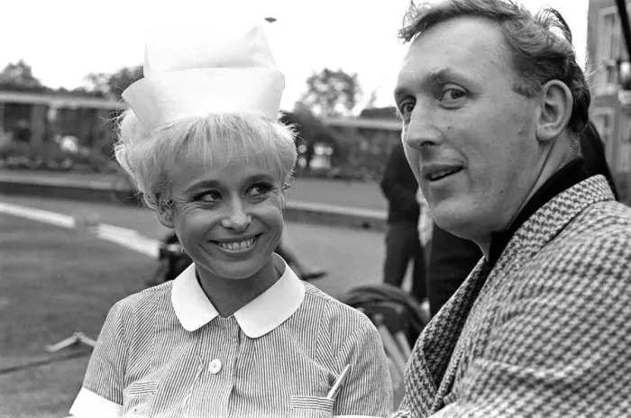 Framed Print : Barbara Windsor (with unknown male) on the film set of Carry On Doctor Framed Print : Barbara Windsor (with unknown male) on the film set of Carry On Doctor