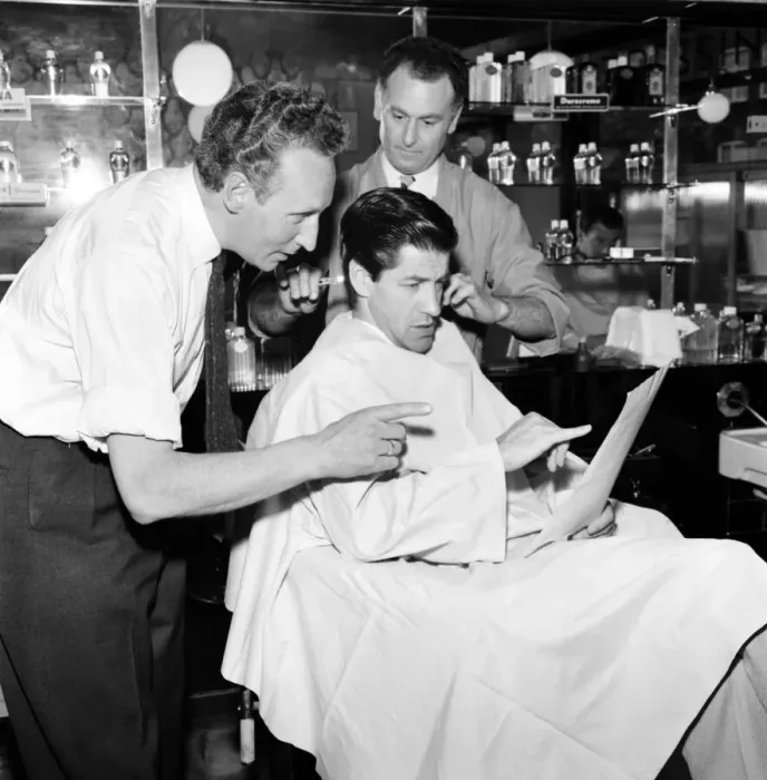 Framed Print : Barber Shop: Michael Holliday having hair cut at Ronnies of Streatham
