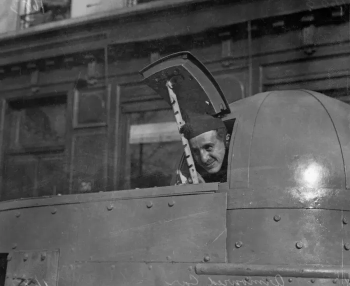Framed Print : Baron de Serelas seen here inspecting the latest armoured car built for the Belgian army Framed Print : Baron de Serelas seen here inspecting the latest armoured car built for the Belgian army