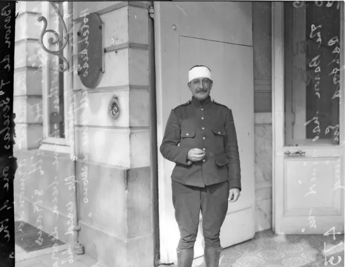 Framed Print : Baron de Serelas seen here after being wounded leading a armoured car raid against Framed Print : Baron de Serelas seen here after being wounded leading a armoured car raid against