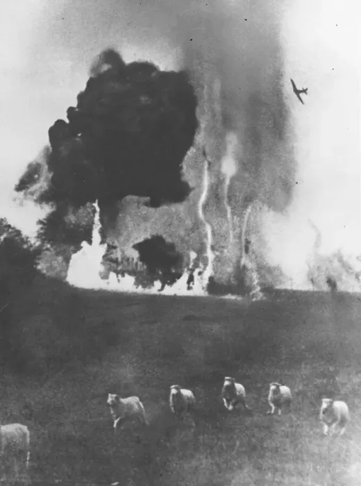 Framed Print : Barrage Balloon in flames over Dover, Kent. No date for picture Framed Print : Barrage Balloon in flames over Dover, Kent. No date for picture