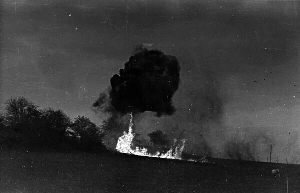 Barrage balloon shot down in flames, Dover, Kent. 1940
