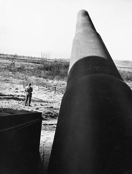 The barrel of one of the 15 German naval guns captured by Canadian forces at Cap