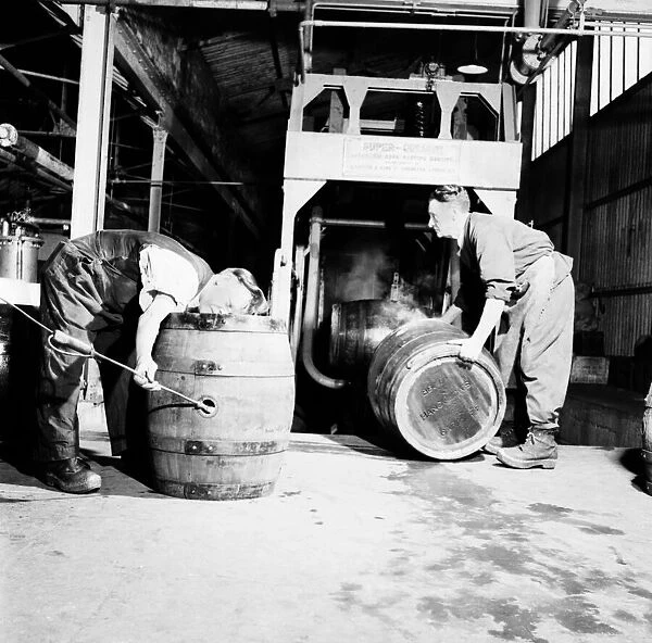 A barrel inspector at work at Hancocks Brewery in Cardiff. July 1952 C3603-003