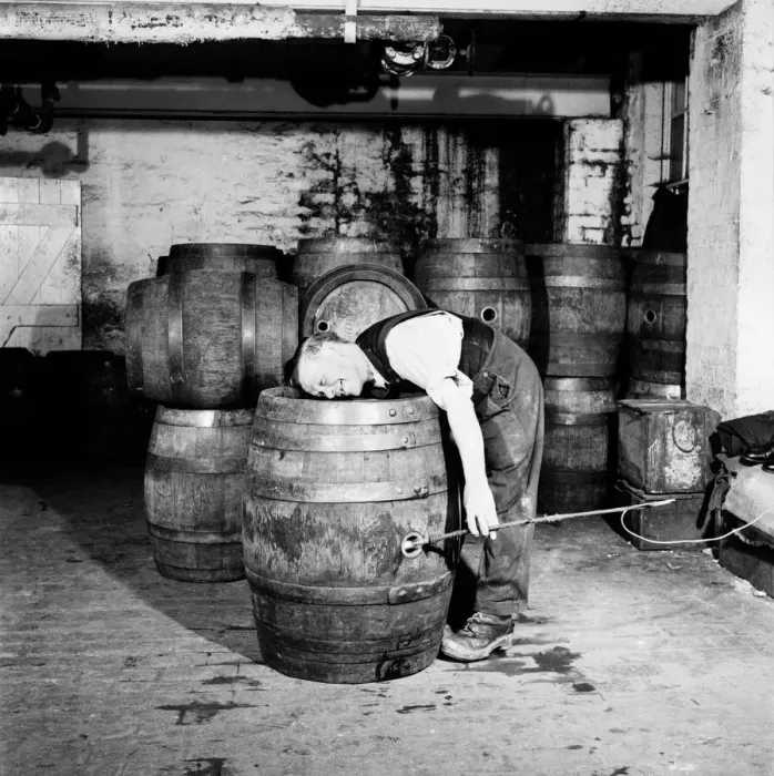 Framed Print : A barrel inspector at work at Hancocks Brewery in Cardiff. July 1952 C3603 Framed Print : A barrel inspector at work at Hancocks Brewery in Cardiff. July 1952 C3603