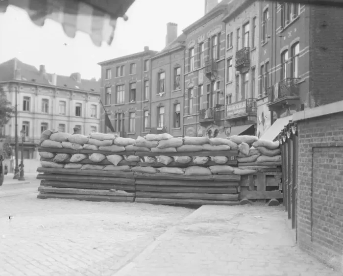 Framed Print : A barricade across one of the roads leading into Brussels Circa August 1914