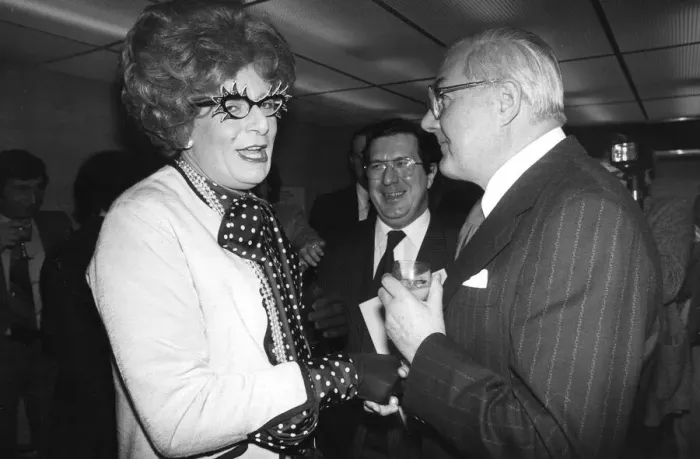 Framed Print : Barry Humphries as Dame Edna Everage talking to Jim Callaghan at Standard theatre awards Framed Print : Barry Humphries as Dame Edna Everage talking to Jim Callaghan at Standard theatre awards