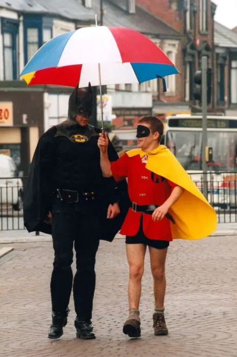 Framed Print : Batman and Robin, alias Lee Davison and Wayne Miller who helped to launch the Cathering