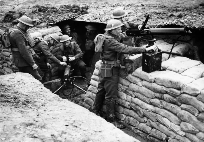 Framed Print : A battalion of the Middlesex Regiment in a dugout with a machine gun post Framed Print : A battalion of the Middlesex Regiment in a dugout with a machine gun post