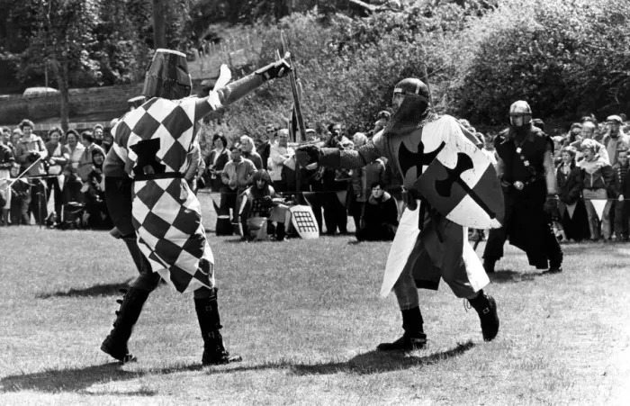 Framed Print : Battle re-enactments - A display of medieval combat at the formal opening of Prudhoe
