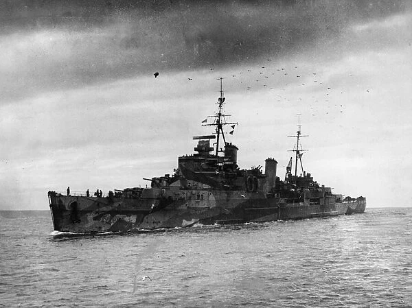 Battlecruiser HMS Sheffield entering harbour during the Second World War