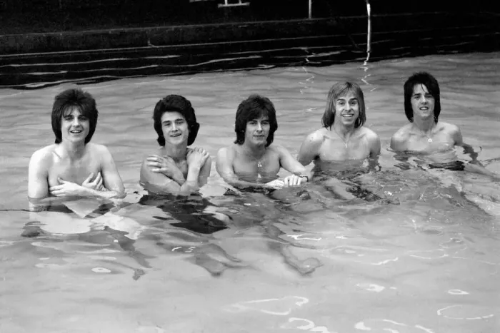 Framed Print : The Bay City Rollers celebrate their chart success with a quick dip in the pool