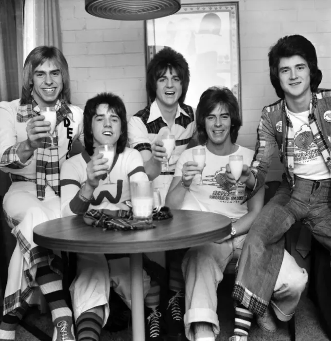 Framed Print : Bay City Rollers (Non-Drinkers) toast their success with milk. L. to R Framed Print : Bay City Rollers (Non-Drinkers) toast their success with milk. L. to R