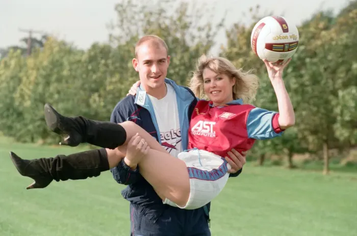 Framed Print : BBC Radio WM presenter Julie Mayer in an Aston Villa kit with Villa midfielder Mark