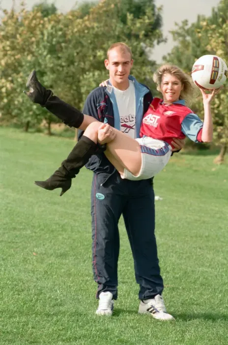 Framed Print : BBC Radio WM presenter Julie Mayer in an Aston Villa kit with Villa midfielder Mark Framed Print : BBC Radio WM presenter Julie Mayer in an Aston Villa kit with Villa midfielder Mark