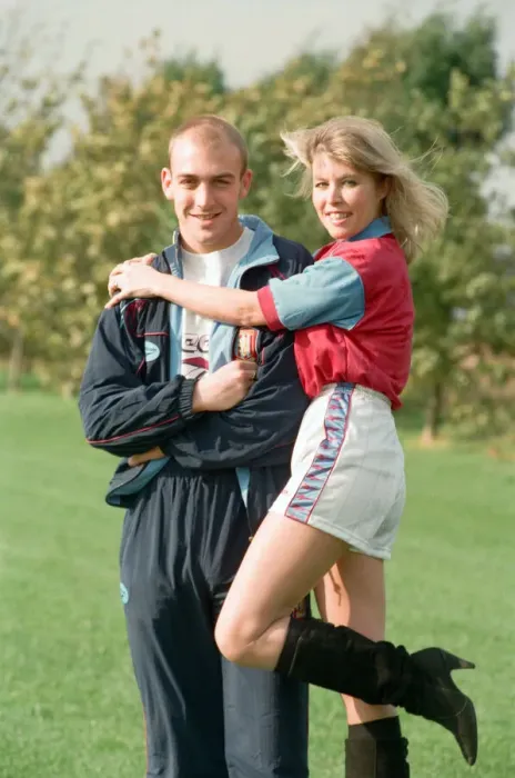 Framed Print : BBC Radio WM presenter Julie Mayer in an Aston Villa kit with Villa midfielder Mark Framed Print : BBC Radio WM presenter Julie Mayer in an Aston Villa kit with Villa midfielder Mark