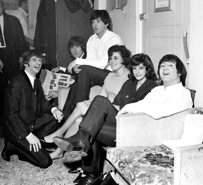 Framed Print : The Beatles with two american fans who flew to London to see Another Beatles christmas Framed Print : The Beatles with two american fans who flew to London to see Another Beatles christmas