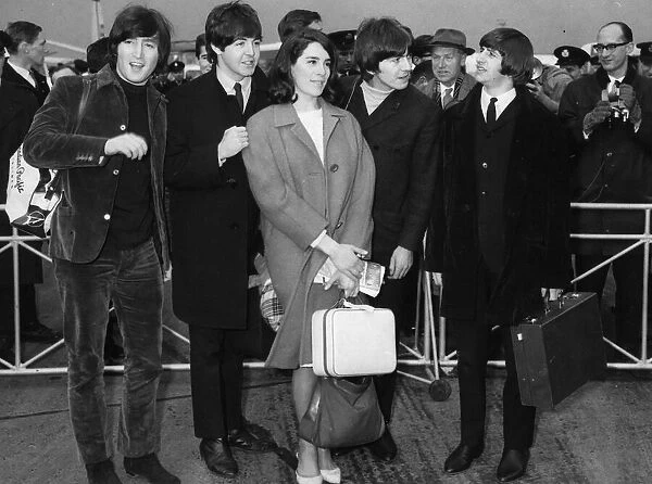 The Beatles and Eleanor Bron leave London Airport for the Bahamas to commence filming