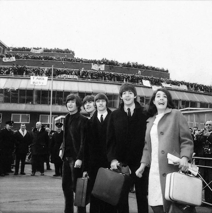 Framed Print : The Beatles and Eleanor Bron leave London Airport for the Bahamas to commence filming