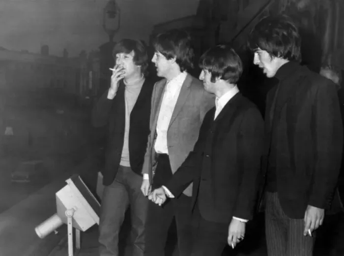 Framed Print : The Beatles enjoy a cigarette break on the balcony of the Empire Theatre in Liverpool 8th Framed Print : The Beatles enjoy a cigarette break on the balcony of the Empire Theatre in Liverpool 8th