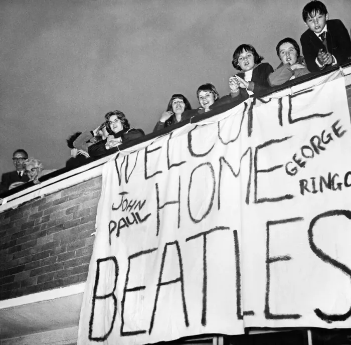 Framed Print : Beatles fans at London Heathrow Airport look forward to welcoming home The Beatles Framed Print : Beatles fans at London Heathrow Airport look forward to welcoming home The Beatles