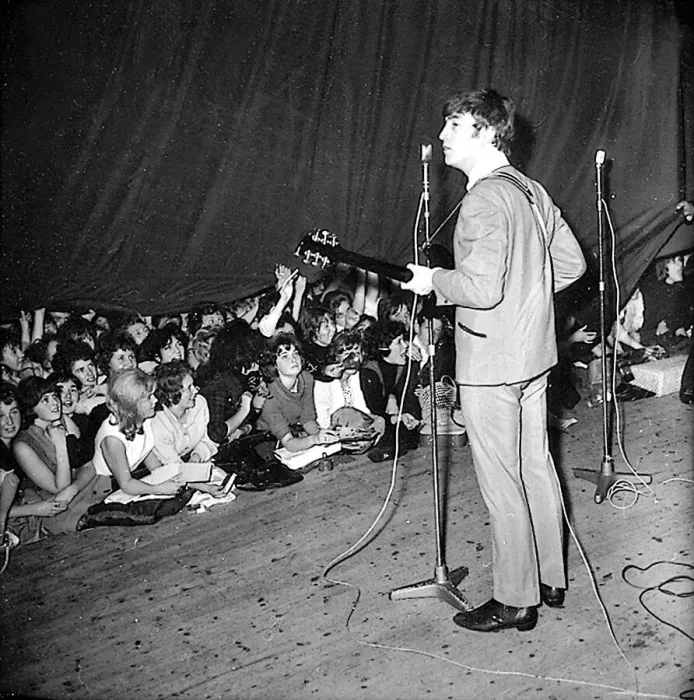Framed Print : Beatles files 1963 John Lennon looks worried as crowds gets out of hand before
