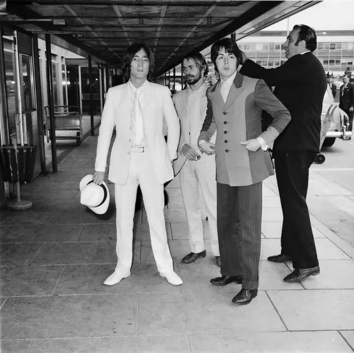 Framed Print : Beatles files 1968 John Lennon with Paul McCartney at London airport 0n their way Framed Print : Beatles files 1968 John Lennon with Paul McCartney at London airport 0n their way