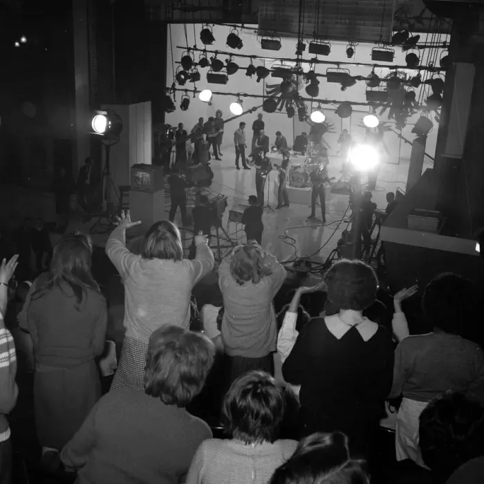 Framed Print : The Beatles filming at the Scala Theatre watched by a crowd of screaming fans 31st Framed Print : The Beatles filming at the Scala Theatre watched by a crowd of screaming fans 31st