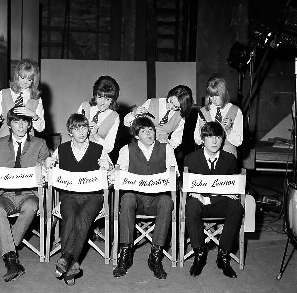 The Beatles being groomed at Twickenham Film Studios by Pattie Boyd